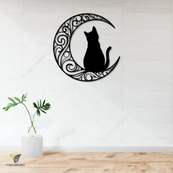 Cat On Moon Metal Wall Decor, Cat Mom Decorative Gift