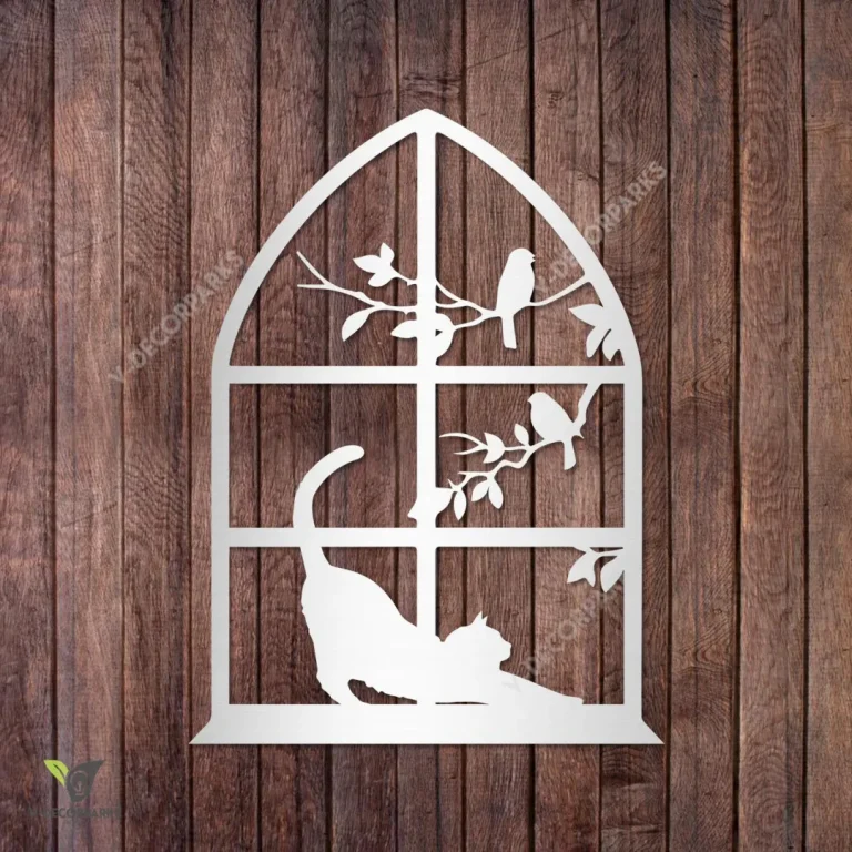 Cat On Window Metal Wall Decoration, Cat, Window And Birds Modern Wall Hanging