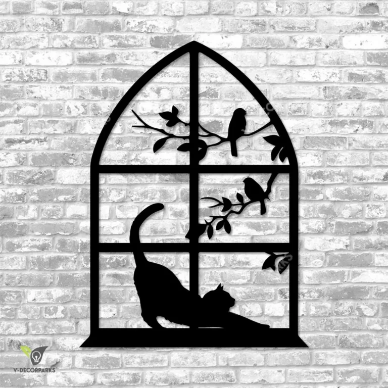 Cat On Window Metal Wall Decoration, Cat, Window And Birds Modern Wall Hanging