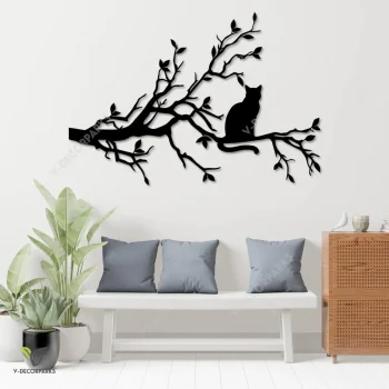 Cat On Branch Metal Wall Decoration, Kitten Evergreen Decor