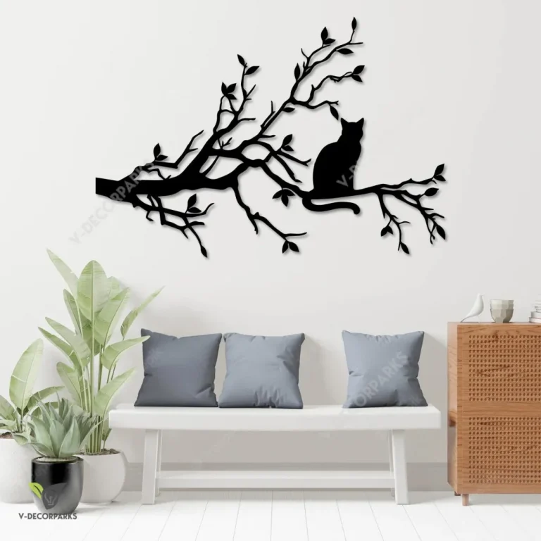 Cat On Branch Metal Wall Decoration, Kitten Evergreen Decor