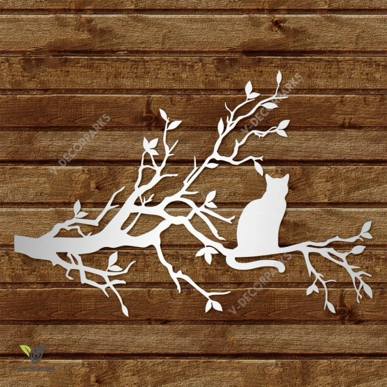 Cat On Branch Metal Wall Decoration, Kitten Evergreen Decor