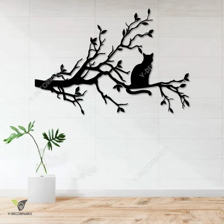 Cat On Branch Metal Wall Decoration, Kitten Evergreen Decor