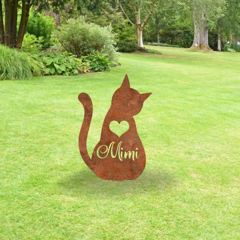 Custom Name Memorial Cat Rusty Metal Garden Art, Cat Grave Marker For Her
