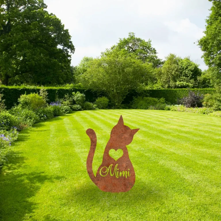 Custom Name Memorial Cat Rusty Metal Garden Art, Cat Grave Marker For Her