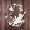 Cat Playing With Butterfly On Moon Metal Wall Art, Floral Cat Black Decor