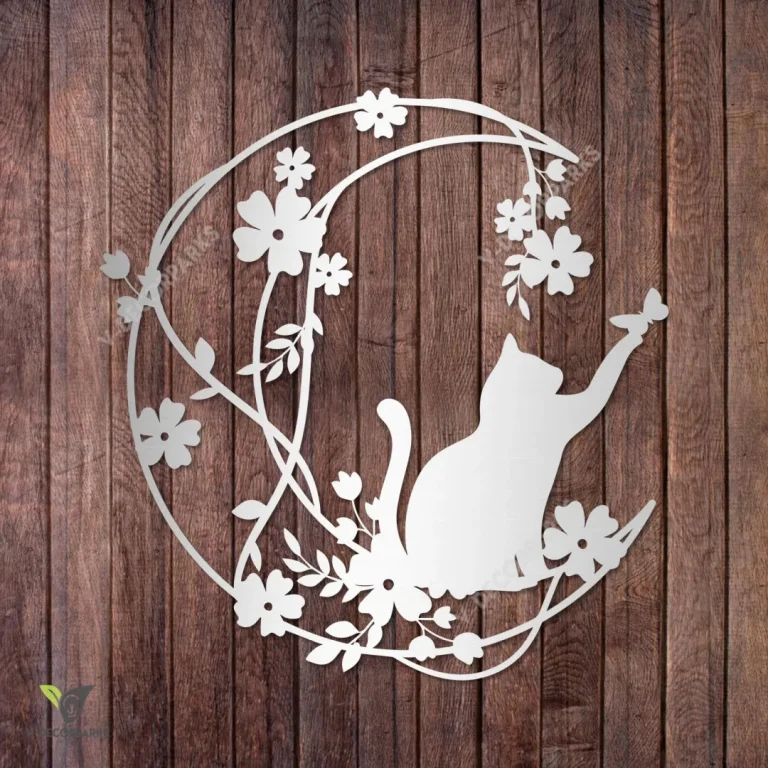 Cat Playing With Butterfly On Moon Metal Wall Art, Floral Cat Black Decor