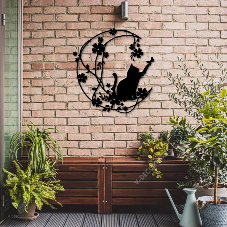 Cat Playing With Butterfly On Moon Metal Wall Art, Floral Cat Black Decor