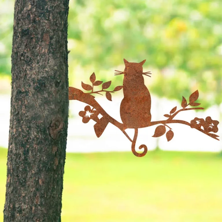 Cat Sitting On Tree Branch Rusty Metal Tree Art, Sitting Cat Plasma Cut Garden Accent