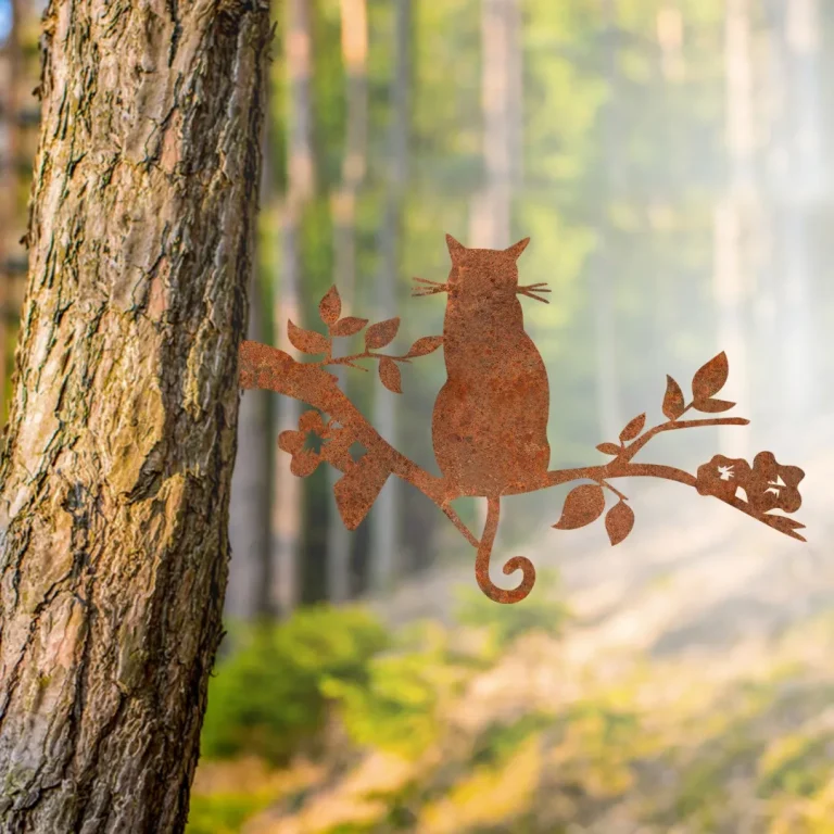 Cat Sitting On Tree Branch Rusty Metal Tree Art, Sitting Cat Plasma Cut Garden Accent