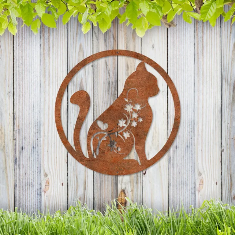 Rusty Floral Cat Round Metal Sign, Floral Kitten Fence Decor