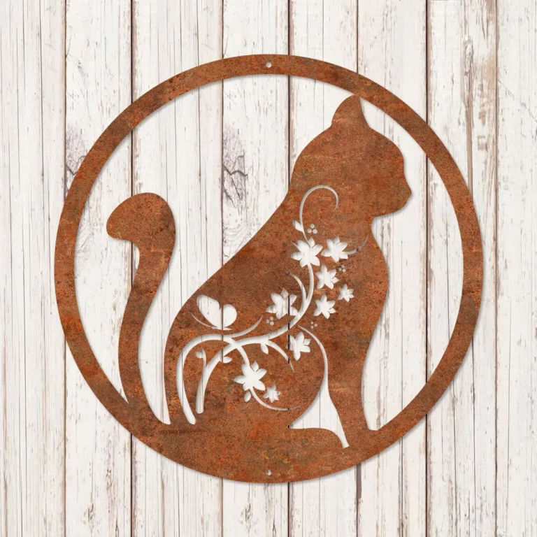 Rusty Floral Cat Round Metal Sign, Floral Kitten Fence Decor