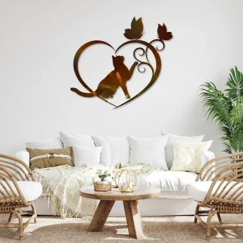 Copper Cat, Two Butterflies And Heart Metal Art, Cat Mom Welded Artwork