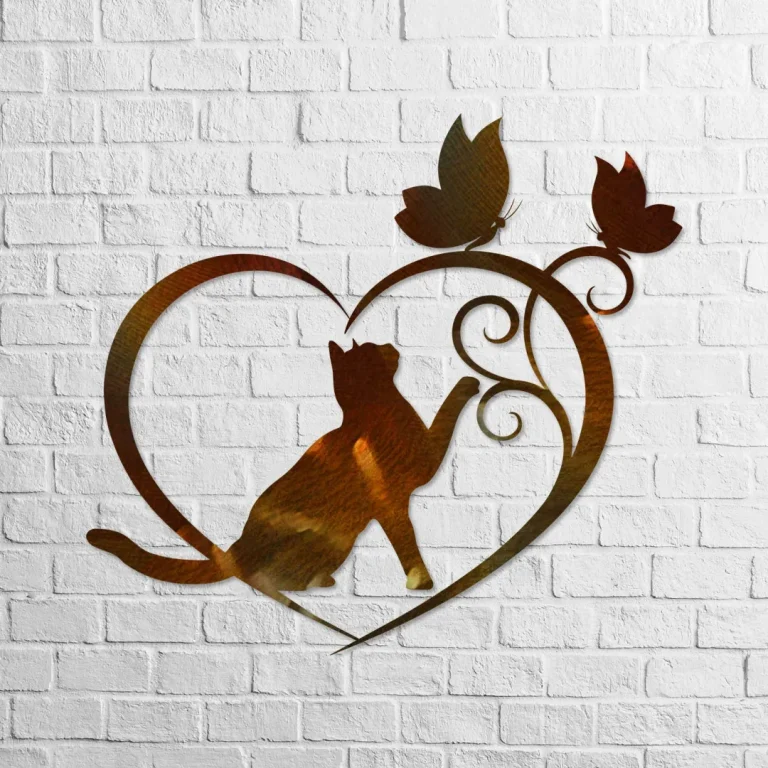 Copper Cat, Two Butterflies And Heart Metal Art, Cat Mom Welded Artwork