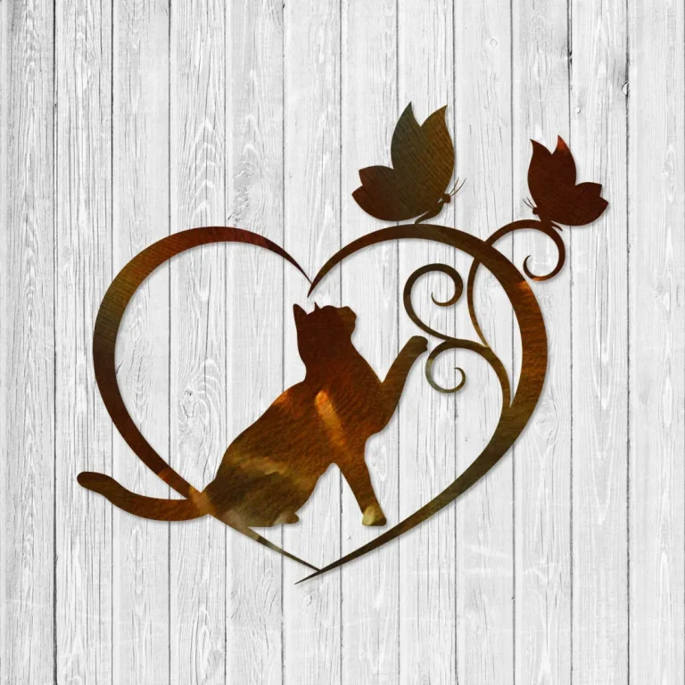 Copper Cat, Two Butterflies And Heart Metal Art, Cat Mom Welded Artwork