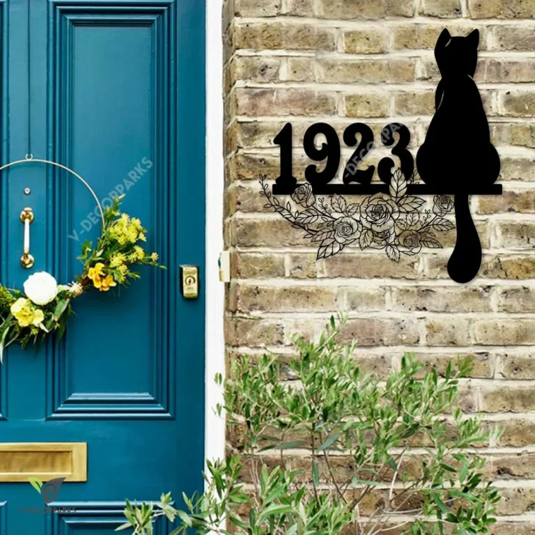 Customized Address Sitting Cat And Flower Wreath Metal Sign, Cat Laser Cut Door Hanging