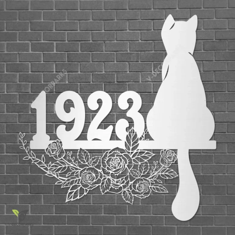 Customized Address Sitting Cat And Flower Wreath Metal Sign, Cat Laser Cut Door Hanging