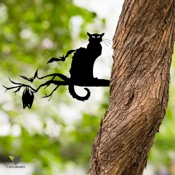 Black Cat And Bats Metal Tree Stake, Black Cat And Bats Halloween Tree Outer Decor