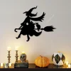 Witch, Broomstick And Cat Metal Wall Art, Witch On Broom Stick Halloween Iron Decoration