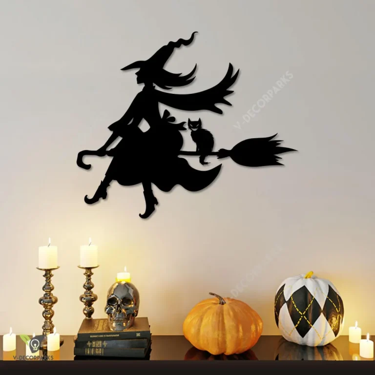 Witch, Broomstick And Cat Metal Wall Art, Witch On Broom Stick Halloween Iron Decoration