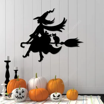 Witch, Broomstick And Cat Metal Wall Art, Witch On Broom Stick Halloween Iron Decoration