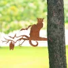 Rusty Spooky Cat With Bats Metal Tree Stake, Cat With Bats Halloween Decorative Accent