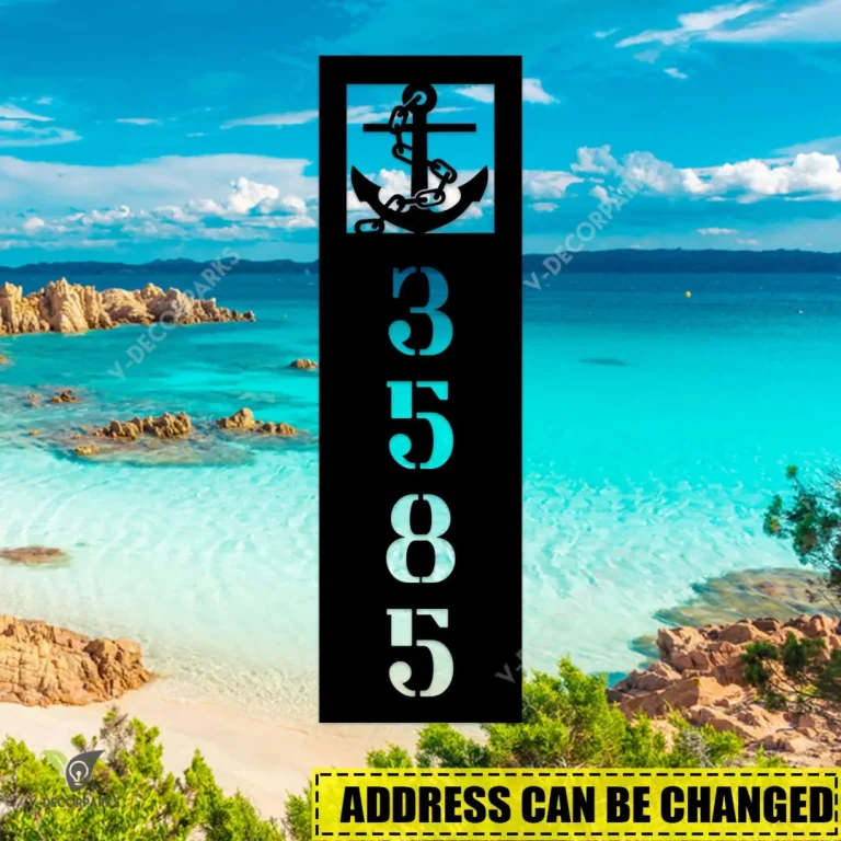 Personalized Address Anchor Beach Vertical Metal Wall Decoration, Anchor Fishing Ship Plasma Cut Outdoor Decor
