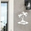 Personalized Address Palm Trees Metal Sign, Holiday Coastal Cutout Decor