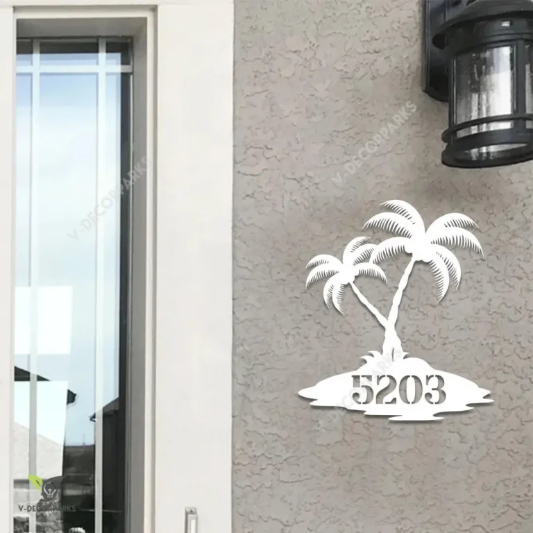 Personalized Address Palm Trees Metal Sign, Holiday Coastal Cutout Decor