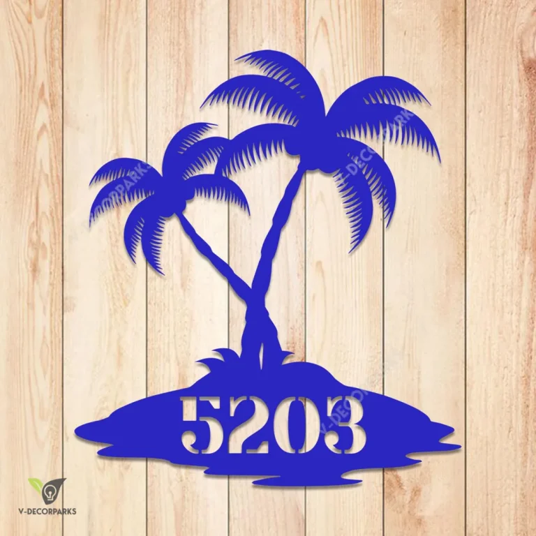 Personalized Address Palm Trees Metal Sign, Holiday Coastal Cutout Decor