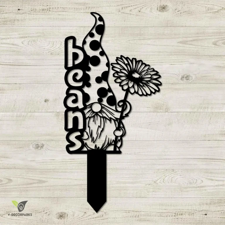 Beans Gnome Holding Sunflower Metal Garden Decoration, Beans Sunflower Vegetables Markers Steel Stake Metal Sign