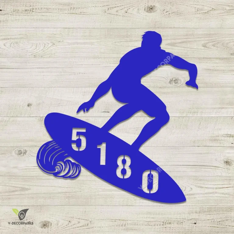 Custom Address Wave Surfing Man Metal Wall Art, Wave Surfer Beach Porch Accent