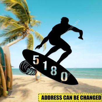 Custom Address Wave Surfing Man Metal Wall Art, Wave Surfer Beach Porch Accent