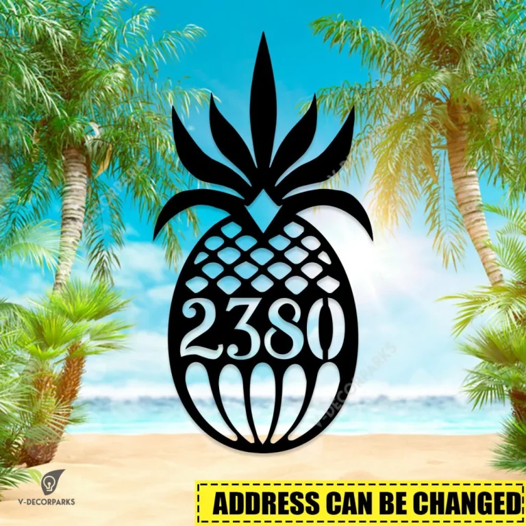Personalized Address On Pineapple Fruit Metal Wall Decoration, Pineapple Coast Metallic Artwork