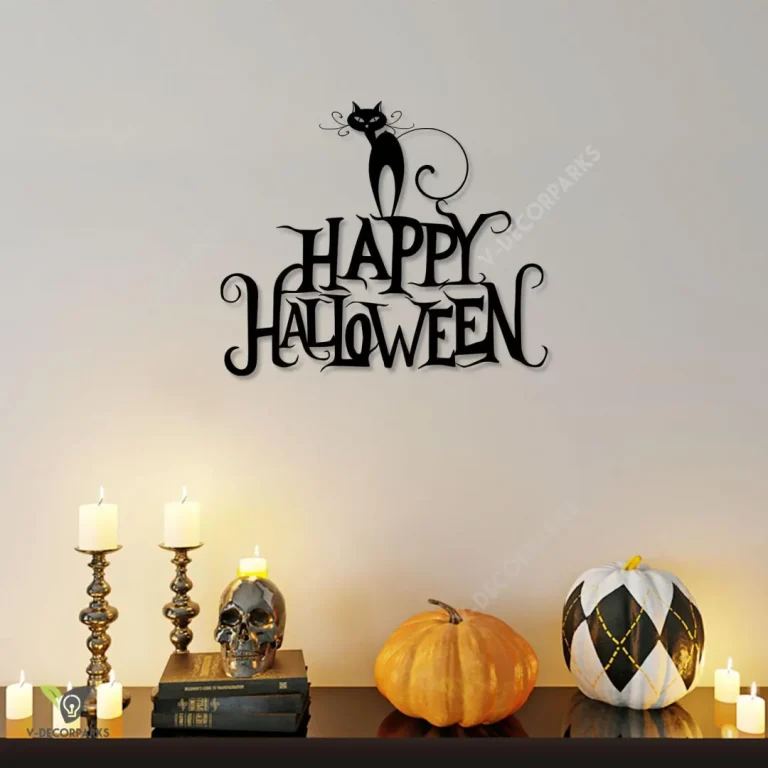 Happy Halloween Spooky Cat Metal Art, Halloween Occasion Steel Wall Hanging