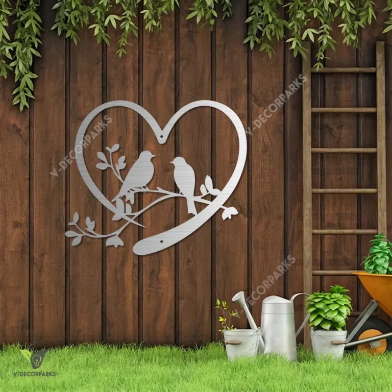 Rusty Lovebirds In Heart Metal Art, Couple Bird Iron Fence Accent Metal Sign