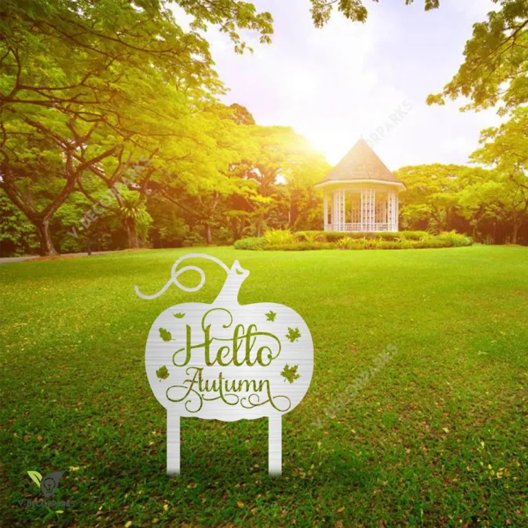 Hello Autumn Pumpkin And Maple Metal Garden Decor, Hello Autumn Outdoor Artwork Metal Sign