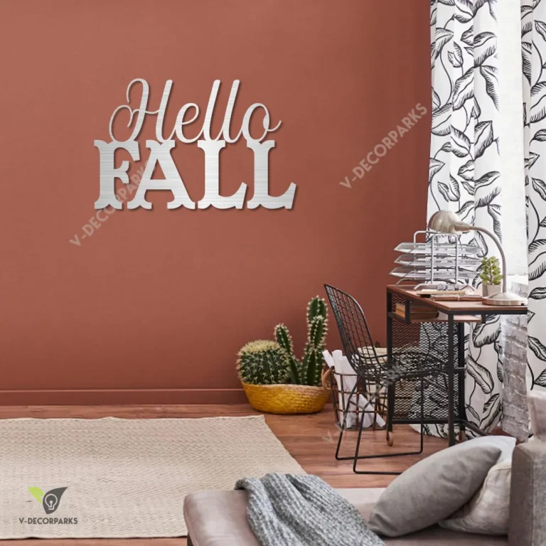 Hello Fall Words Metal Wall Decoration, Autumn Backyard Outer Wall Hanging Metal Sign