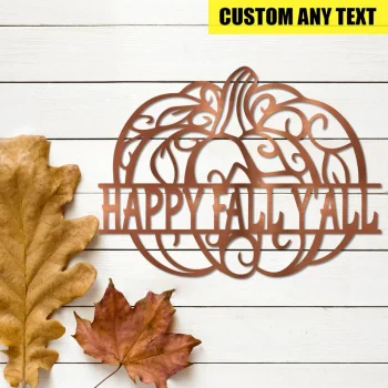 Happy Fall Y'all Rustic Pumpkin Metal Wall Art, Autumn Lovers Porch Metallic Decoration