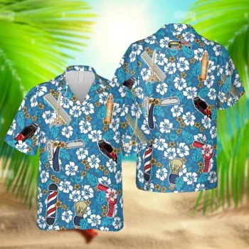 Blue Barber Hawaii Shirt, Hairdresser Summer Shirt, Aloha Shirt For Mens, Womens