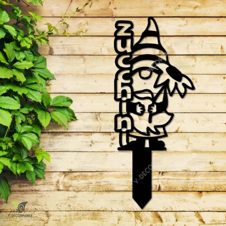 Zucchini Gnome And Flower Metal Garden Sign, Zucchini, Flower Vegetables Markers Outdoor Artwork Metal Sign