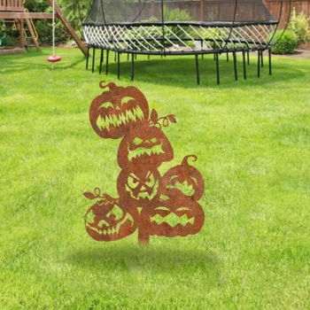 Rustic Jack O' Lanterns Metal Garden Art, Halloween Decorative Steel Sign