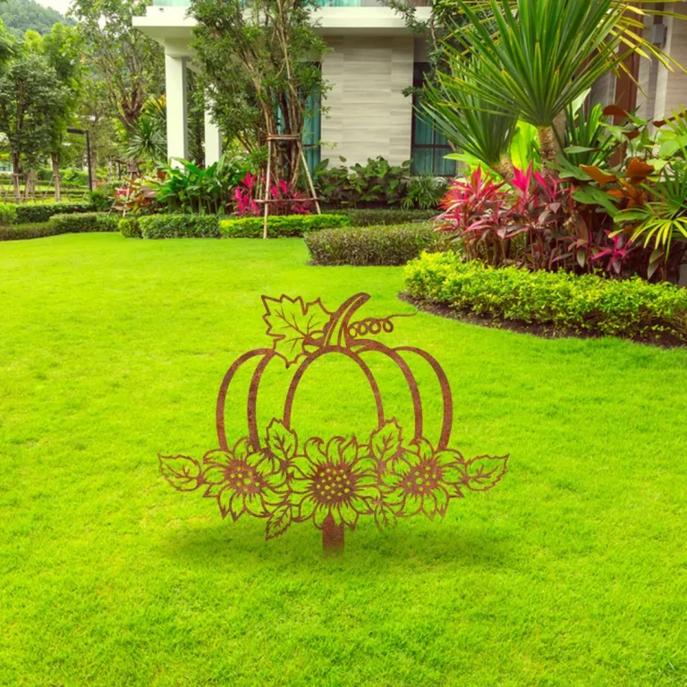 Rusty Pumpkin With Sunflowers Metal Garden Sign, Pumpkin With Sunflowers Autumn Exterior Stake