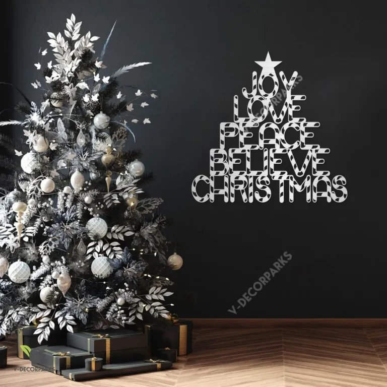 Joy Love Peace Believe Christmas Metal Art, Christmas Tree Stainless Accent Metal Sign