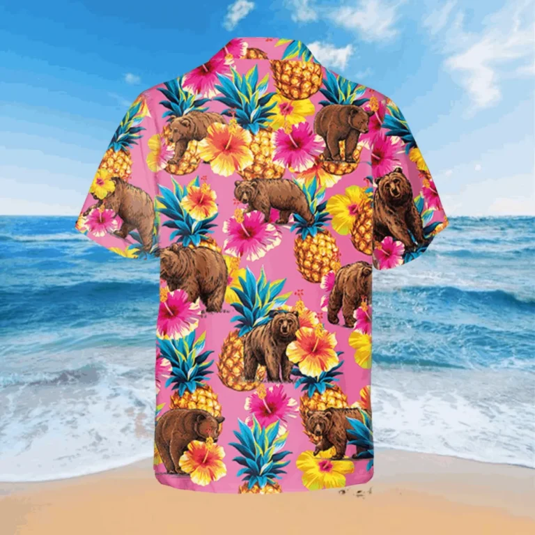 Pink Hibicus And Bear Hawaii Shirt, Gift For Her, Aloha Shirt For Mens, Womens