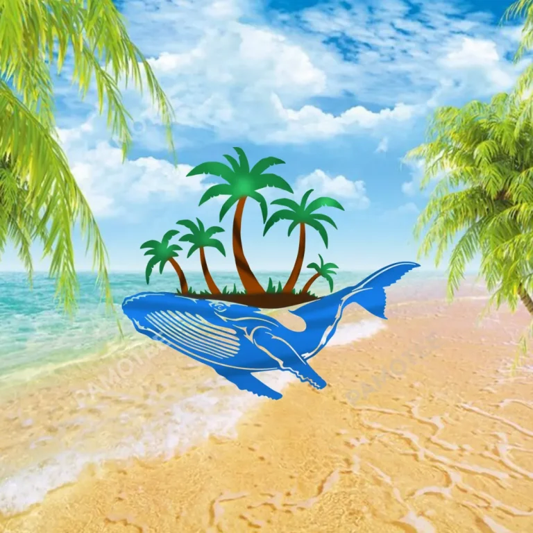 Blue Whale With Island On The Back Color Metal Sign, Blue Whale Evergreen Decoration