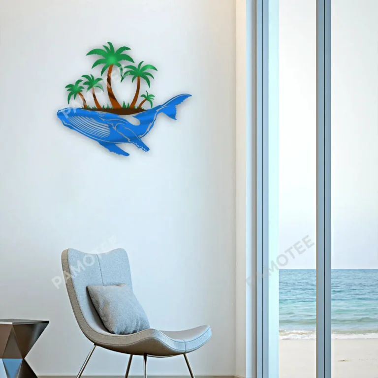 Blue Whale With Island On The Back Color Metal Sign, Blue Whale Evergreen Decoration