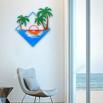 Palms On Beach Rhombus Metal Art, Palm Indoor Decoration