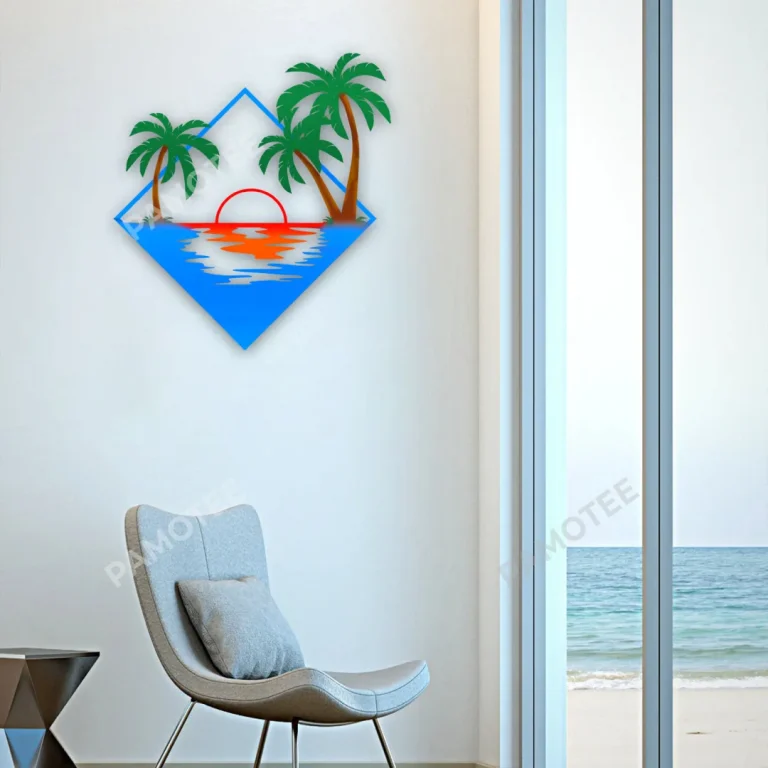 Palms On Beach Rhombus Metal Art, Palm Indoor Decoration
