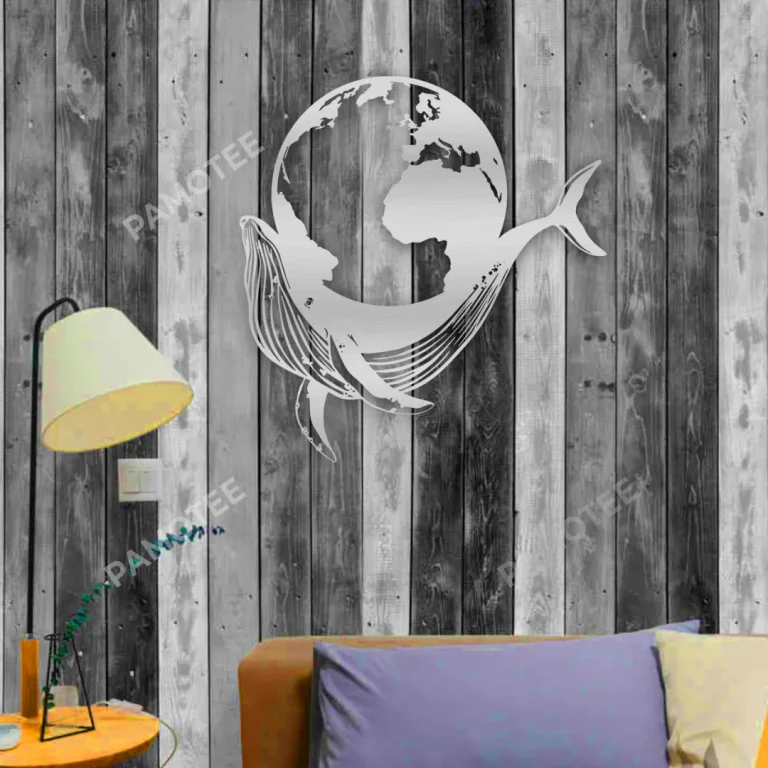 Whale And The Earth Cut Metal Wall Art, Whale With The Earth Beach Decoration